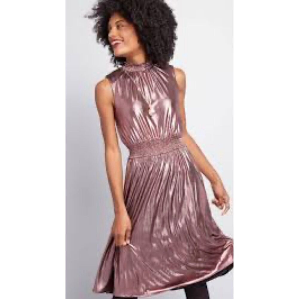 ModCloth Make It a Night To Remeber Smocked Neck & Waist Metallic Bronze Dress